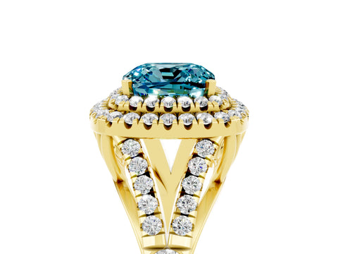 Yellow gold Double Halo Cushion Cut Blue Topaz Pavé Split Shank Ring with Prong Setting_5