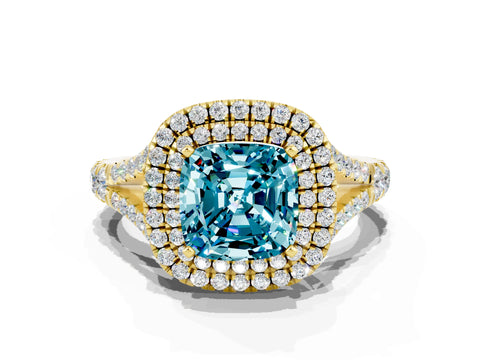 Yellow gold Double Halo Cushion Cut Blue Topaz Pavé Split Shank Ring with Prong Setting