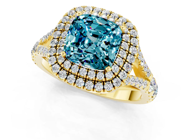 Yellow gold Double Halo Cushion Cut Blue Topaz Split Shank Engagement Ring with Four-Prong Setting