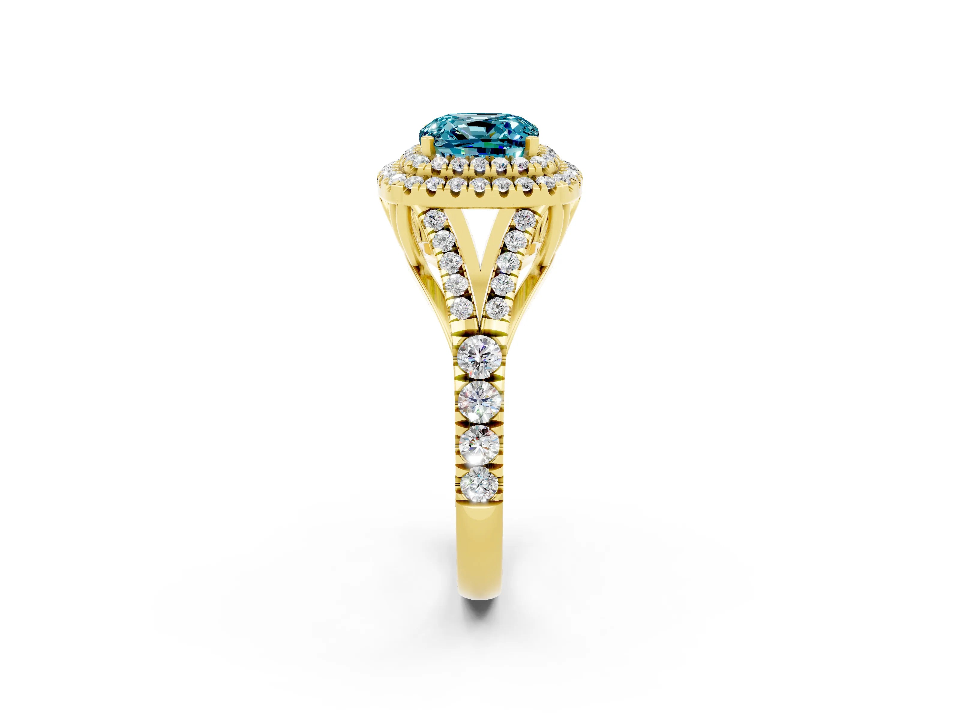 Yellow gold Double Halo Cushion Cut Blue Topaz Split Shank Engagement Ring with Four-Prong Setting_2