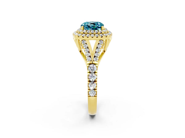 Yellow gold Double Halo Cushion Cut Blue Topaz Split Shank Engagement Ring with Four-Prong Setting