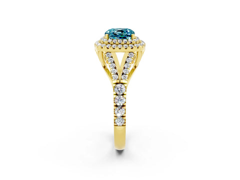 Yellow gold Double Halo Cushion Cut Blue Topaz Split Shank Engagement Ring with Four-Prong Setting_2
