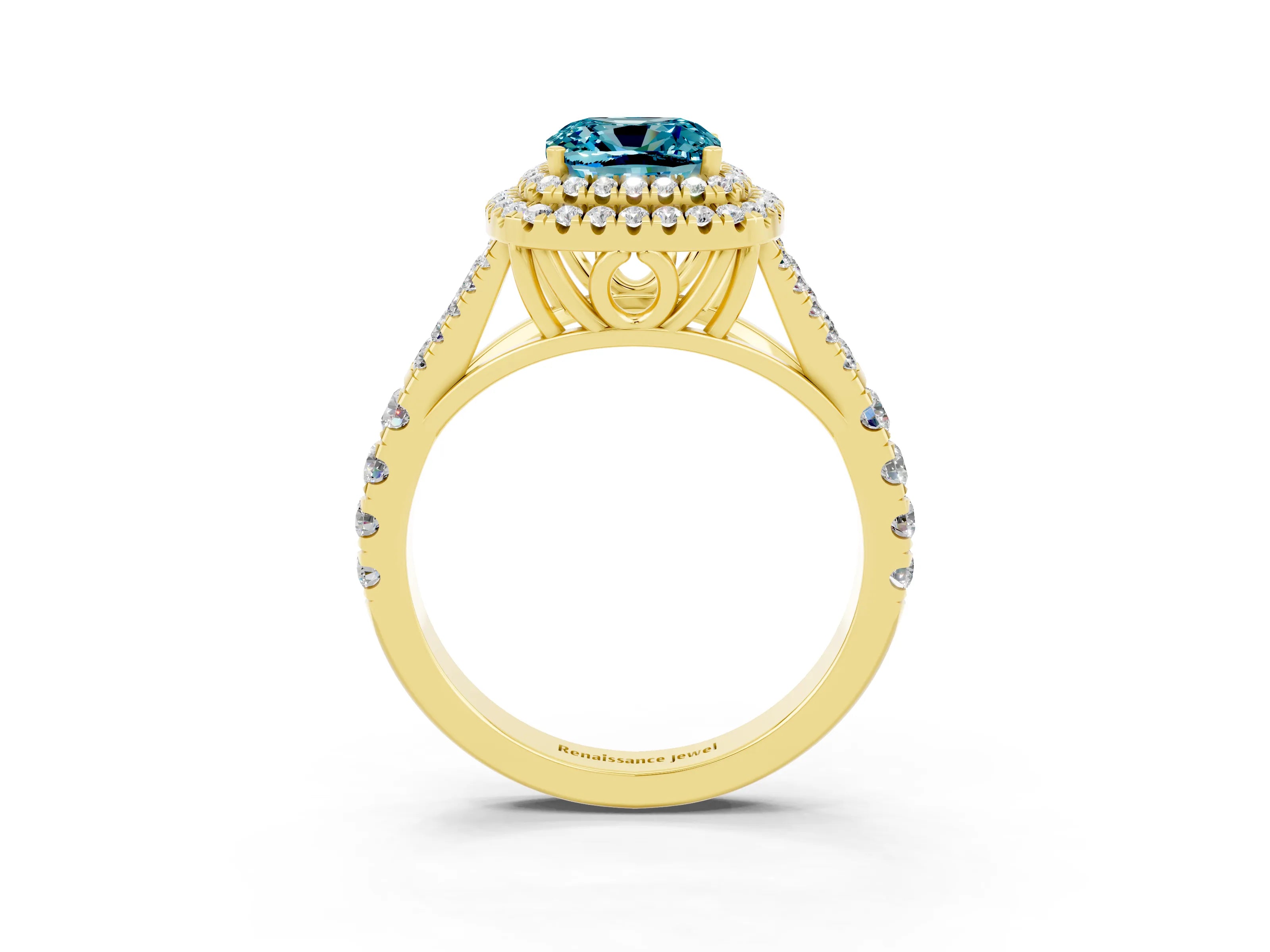 Yellow gold Double Halo Cushion Cut Blue Topaz Split Shank Engagement Ring with Four-Prong Setting_3