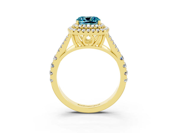 Yellow gold Double Halo Cushion Cut Blue Topaz Split Shank Engagement Ring with Four-Prong Setting