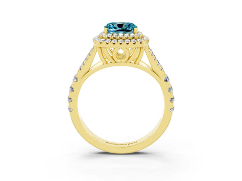 Yellow gold Double Halo Cushion Cut Blue Topaz Split Shank Engagement Ring with Four-Prong Setting_3
