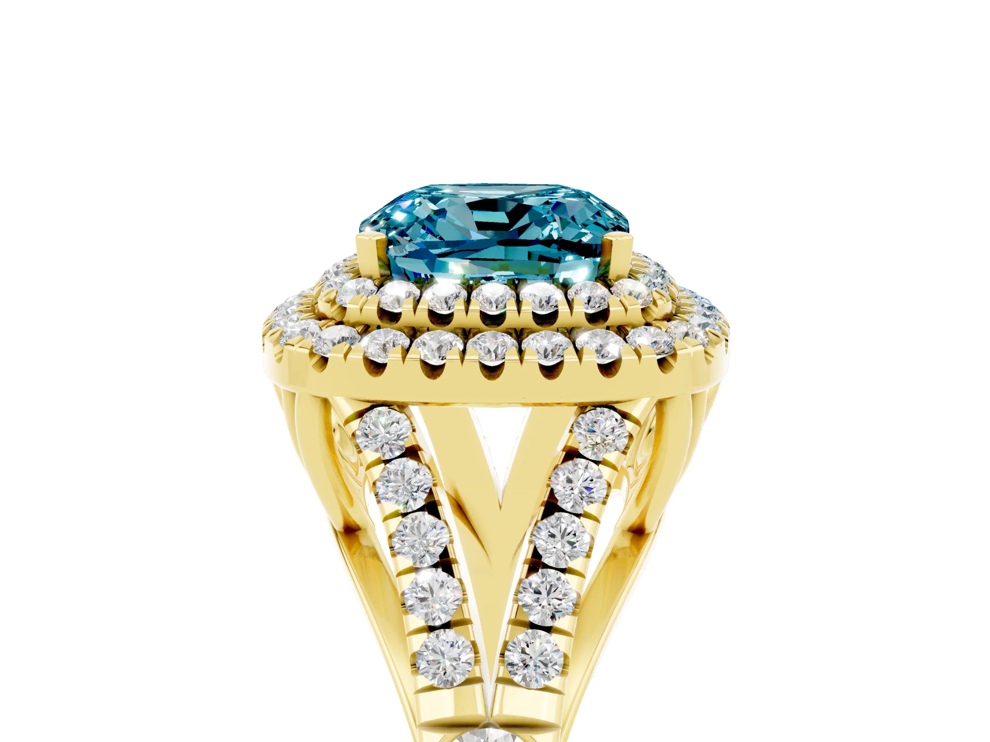 Yellow gold Double Halo Cushion Cut Blue Topaz Split Shank Engagement Ring with Four-Prong Setting_5