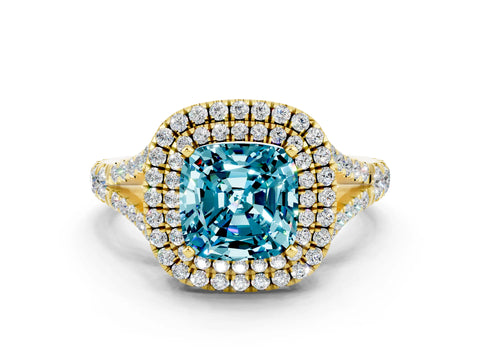 Yellow gold Double Halo Cushion Cut Blue Topaz Split Shank Engagement Ring with Four-Prong Setting