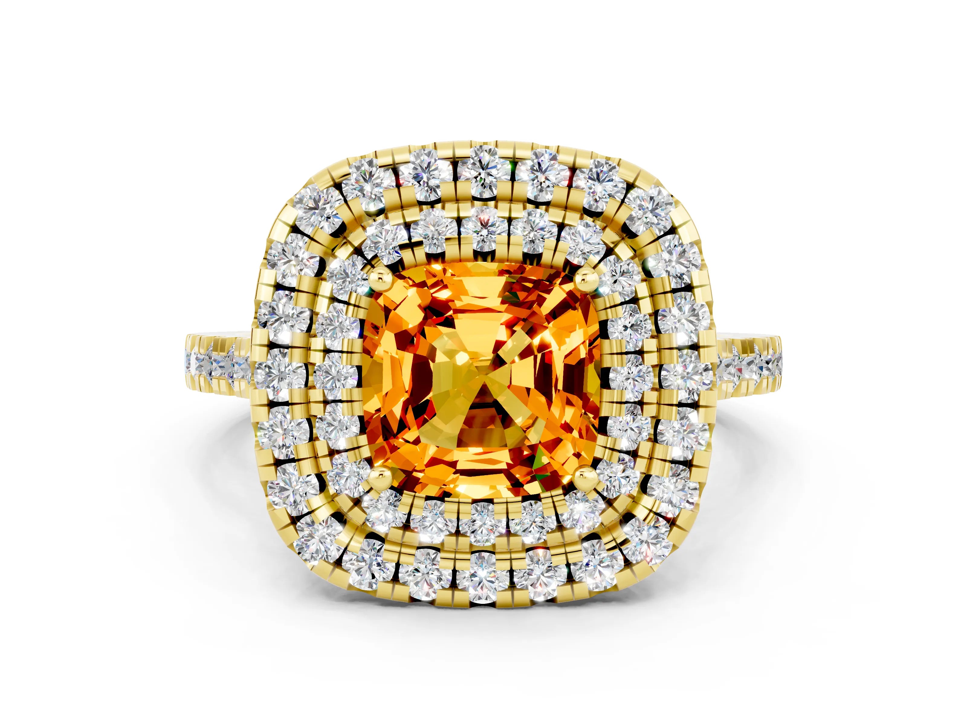 Yellow gold Double Halo Cushion Cut Citrine Pavé Band with Four-Prong Setting