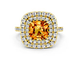 Yellow gold Double Halo Cushion Cut Citrine Pavé Band with Four-Prong Setting