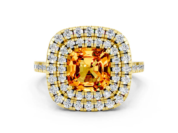 Yellow gold Double Halo Cushion Cut Citrine Pavé Band with Four-Prong Setting