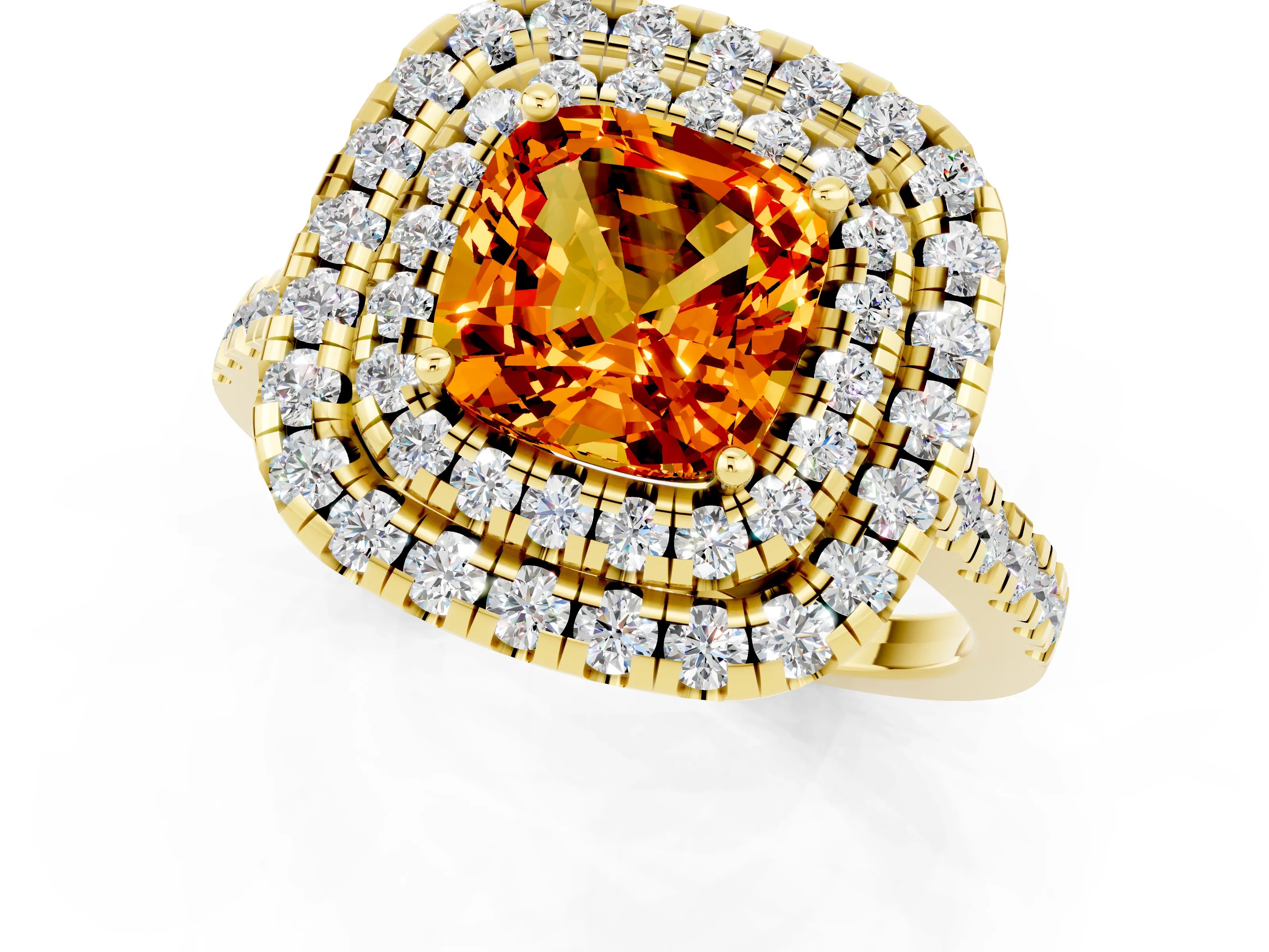 Yellow gold Double Halo Cushion Cut Citrine Pavé Band with Four-Prong Setting_1