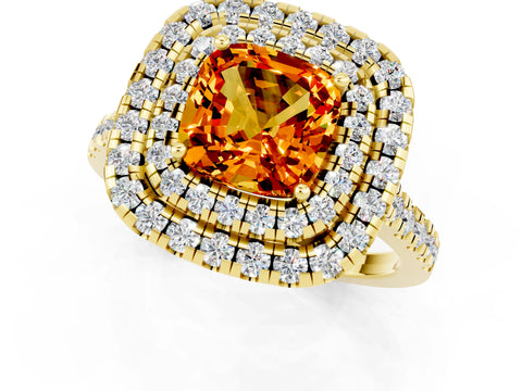 Yellow gold Double Halo Cushion Cut Citrine Pavé Band with Four-Prong Setting_1
