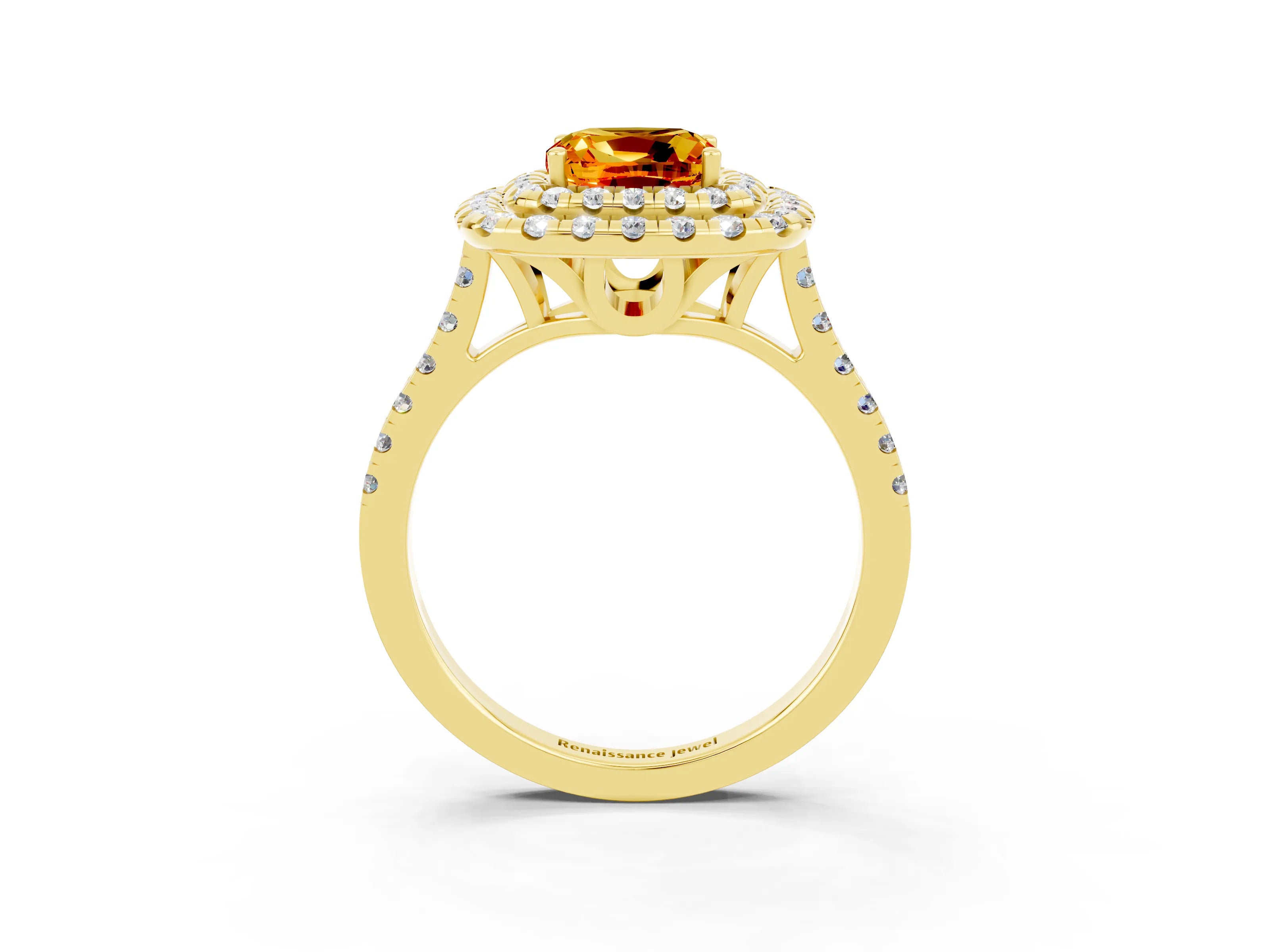 Yellow gold Double Halo Cushion Cut Citrine Pavé Band with Four-Prong Setting_3