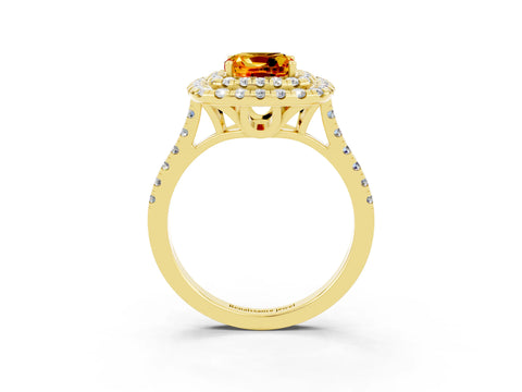 Yellow gold Double Halo Cushion Cut Citrine Pavé Band with Four-Prong Setting_3