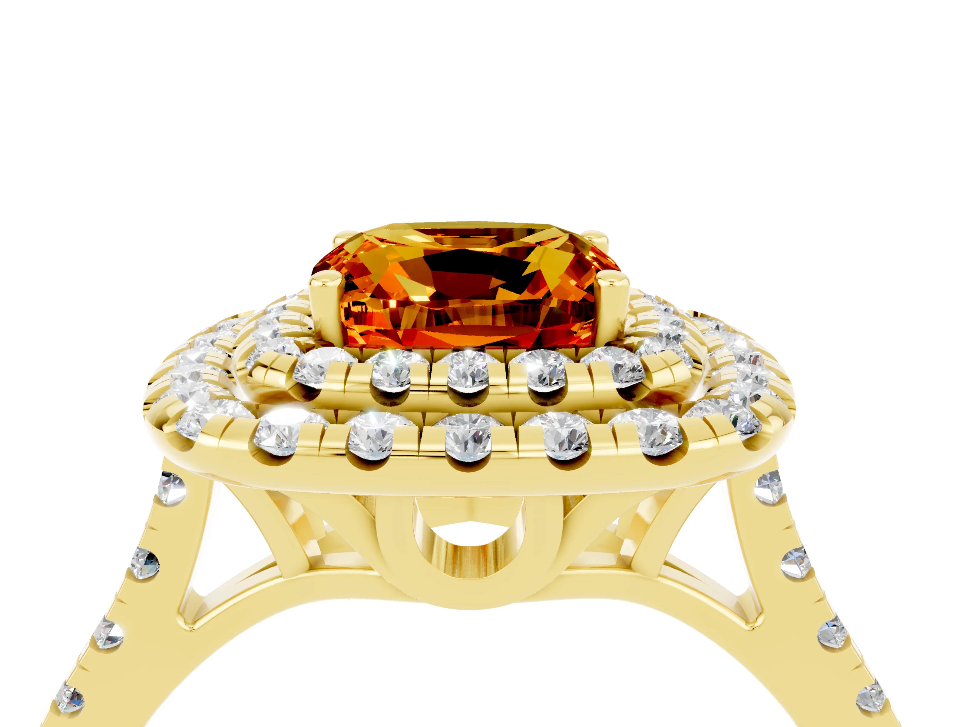 Yellow gold Double Halo Cushion Cut Citrine Pavé Band with Four-Prong Setting_4