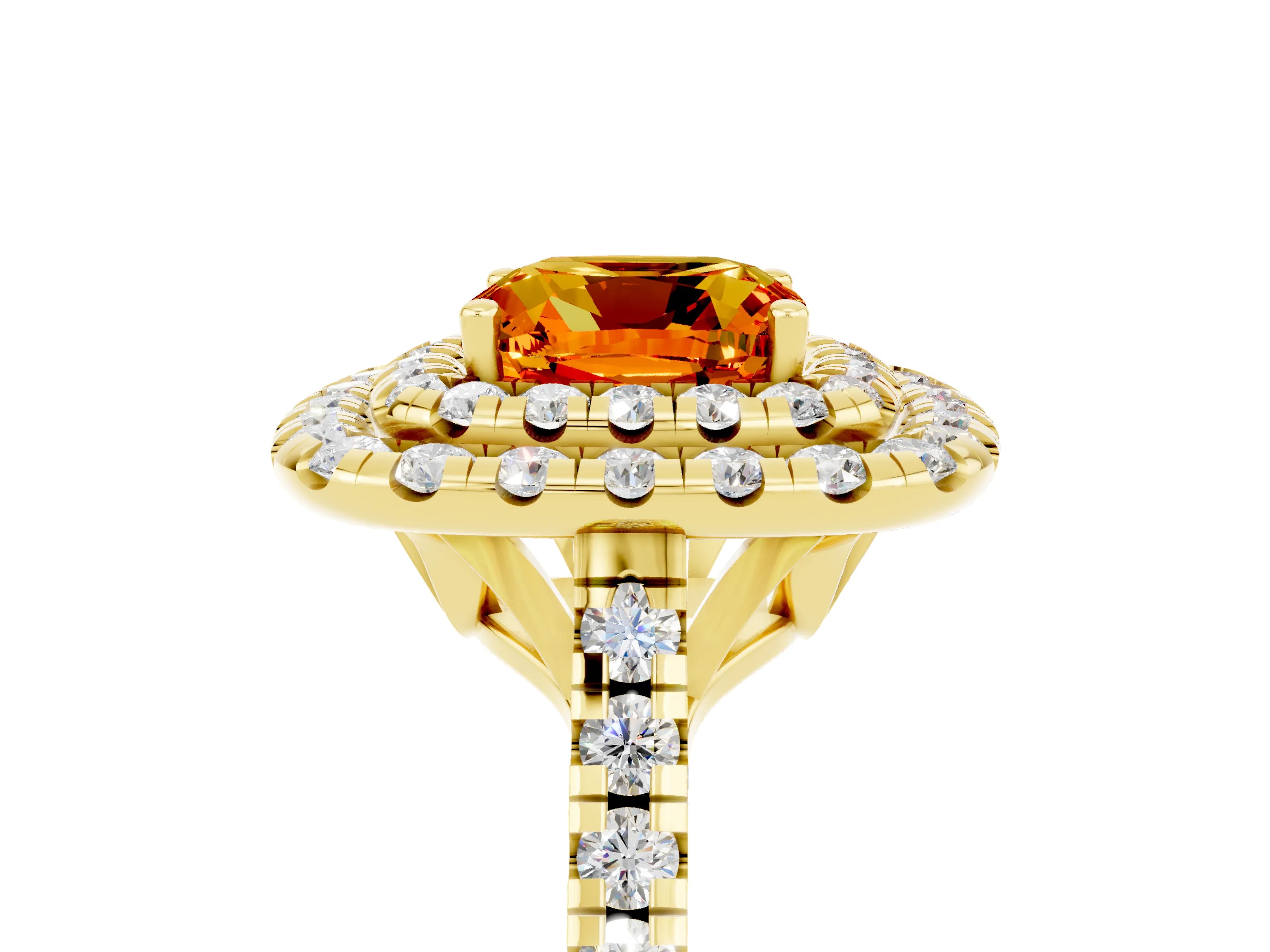 Yellow gold Double Halo Cushion Cut Citrine Pavé Band with Four-Prong Setting_5
