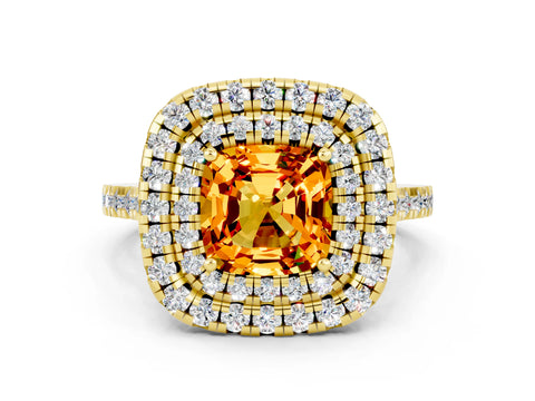 Yellow gold Double Halo Cushion Cut Citrine Pavé Band with Four-Prong Setting