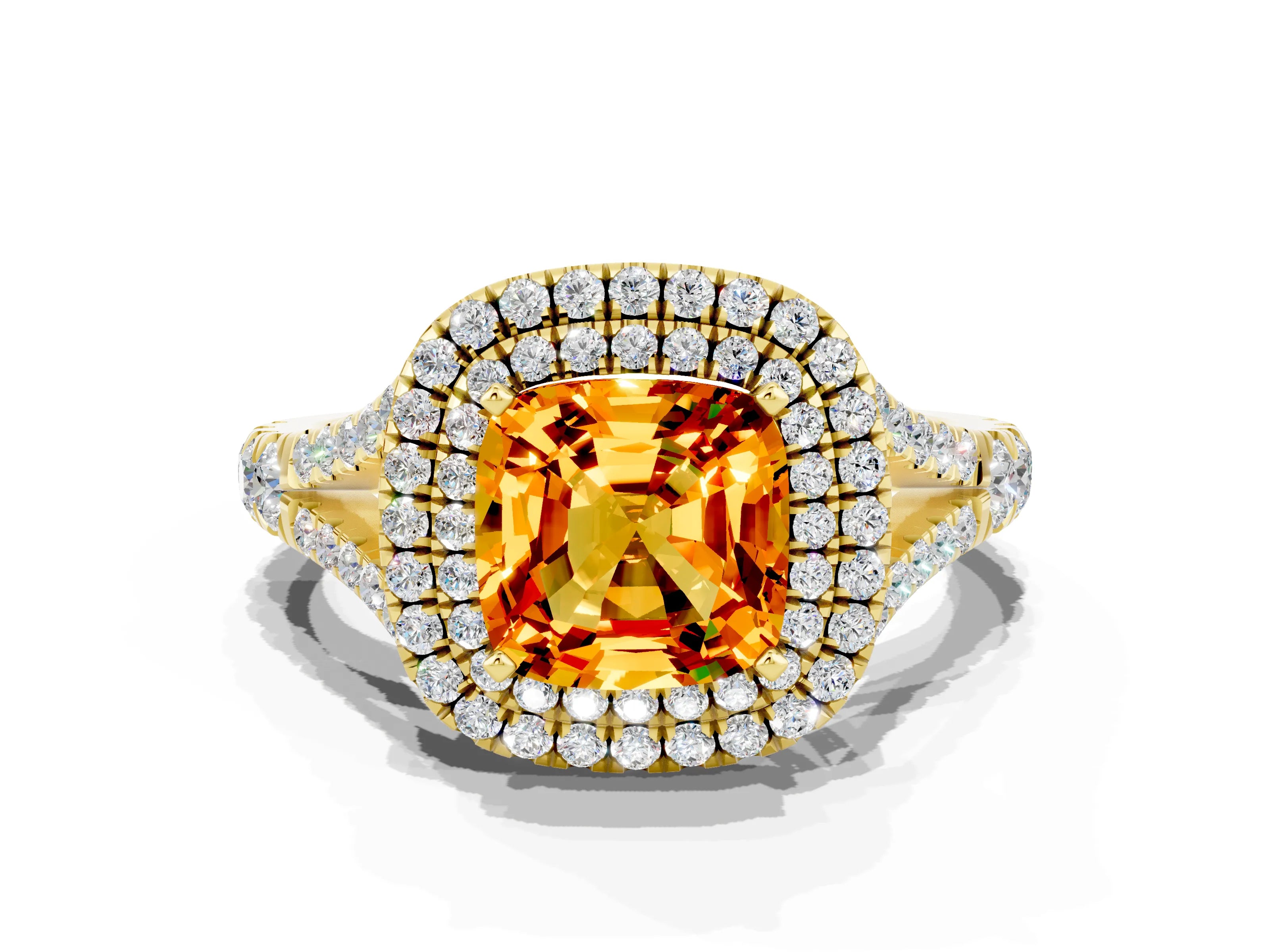 Yellow gold Double Halo Cushion Cut Citrine Pavé Split Shank Ring with Prong Setting