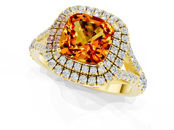 Yellow gold Double Halo Cushion Cut Citrine Pavé Split Shank Ring with Prong Setting