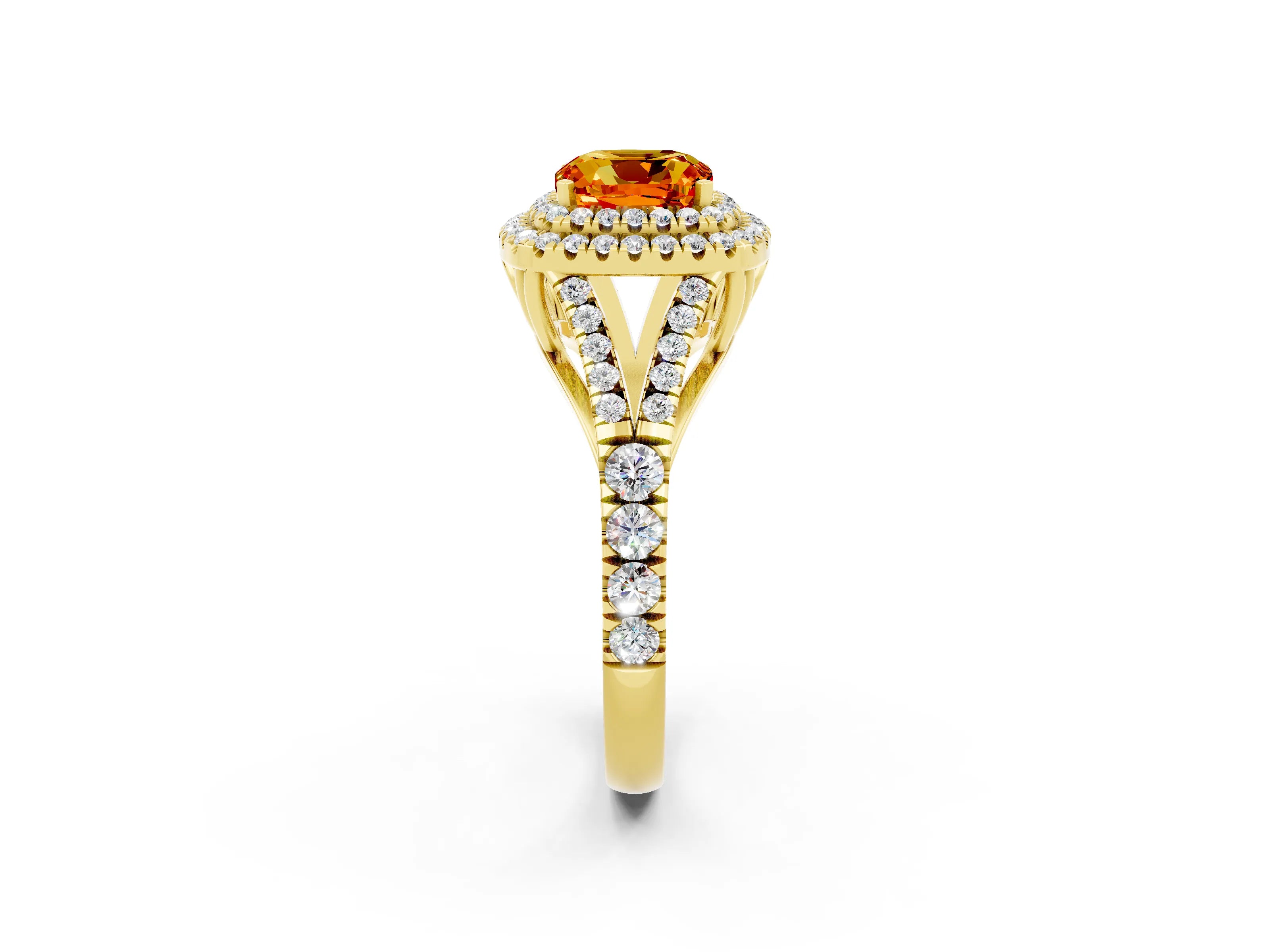 Yellow gold Double Halo Cushion Cut Citrine Pavé Split Shank Ring with Prong Setting_2
