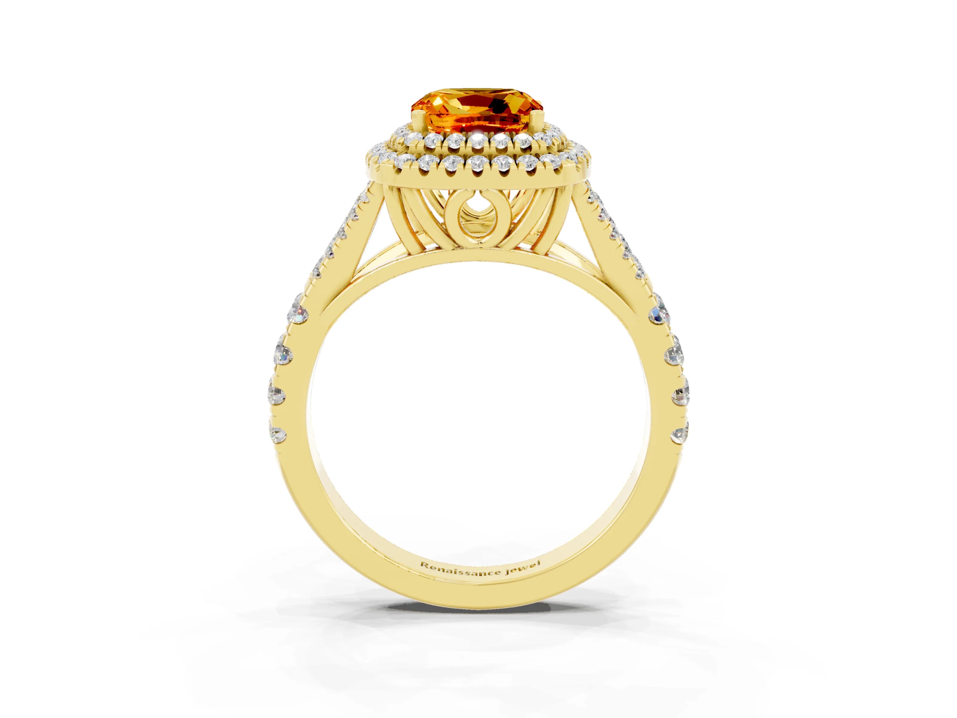 Yellow gold Double Halo Cushion Cut Citrine Pavé Split Shank Ring with Prong Setting_3