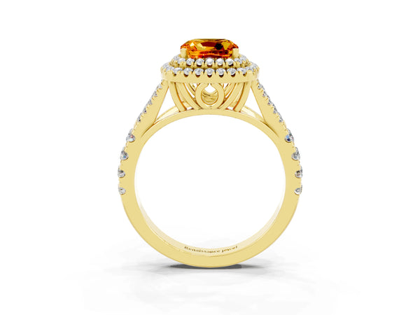 Yellow gold Double Halo Cushion Cut Citrine Pavé Split Shank Ring with Prong Setting