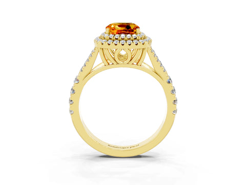 Yellow gold Double Halo Cushion Cut Citrine Pavé Split Shank Ring with Prong Setting_3