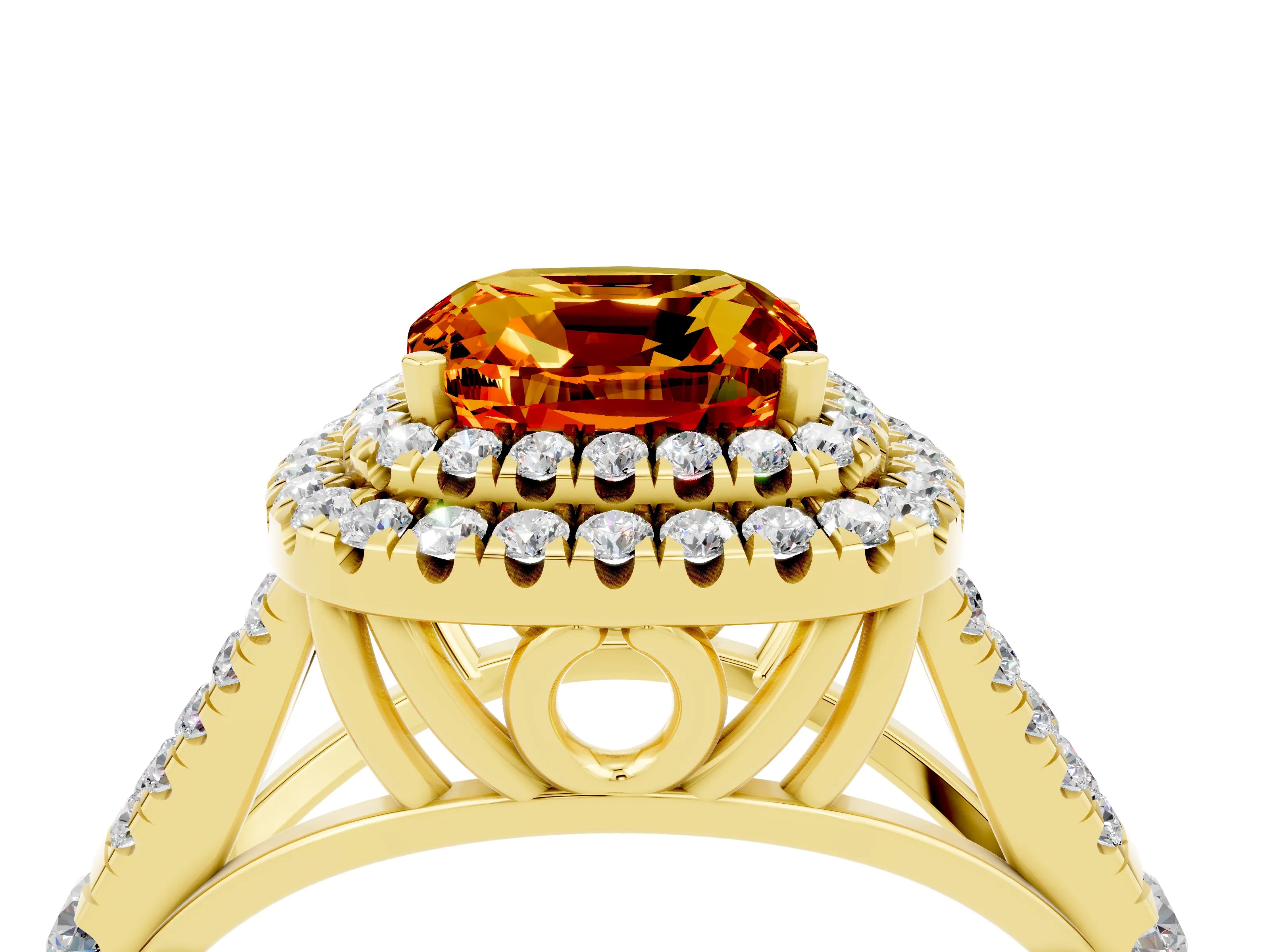 Yellow gold Double Halo Cushion Cut Citrine Pavé Split Shank Ring with Prong Setting_4