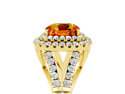 Yellow gold Double Halo Cushion Cut Citrine Pavé Split Shank Ring with Prong Setting_5