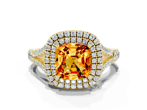 Yellow gold Double Halo Cushion Cut Citrine Pavé Split Shank Ring with Prong Setting
