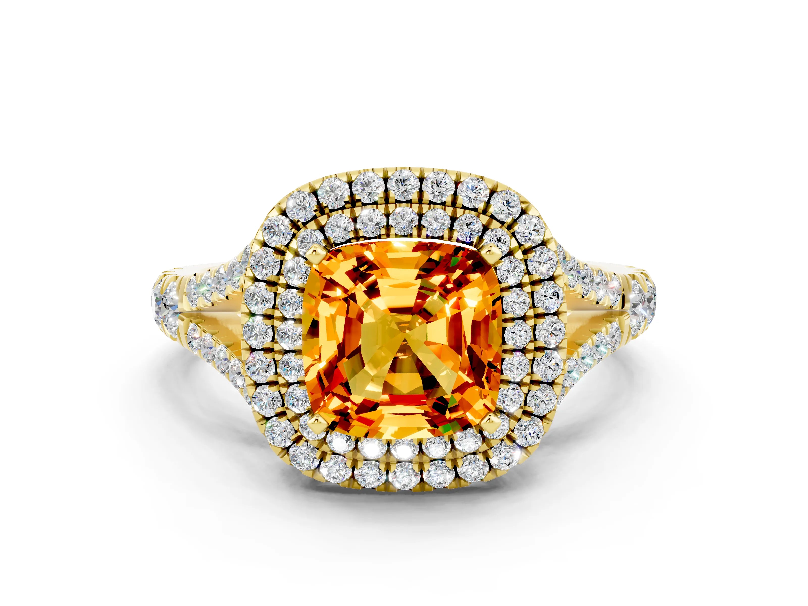 Yellow gold Double Halo Cushion Cut Citrine Split Shank Engagement Ring with Four-Prong Setting