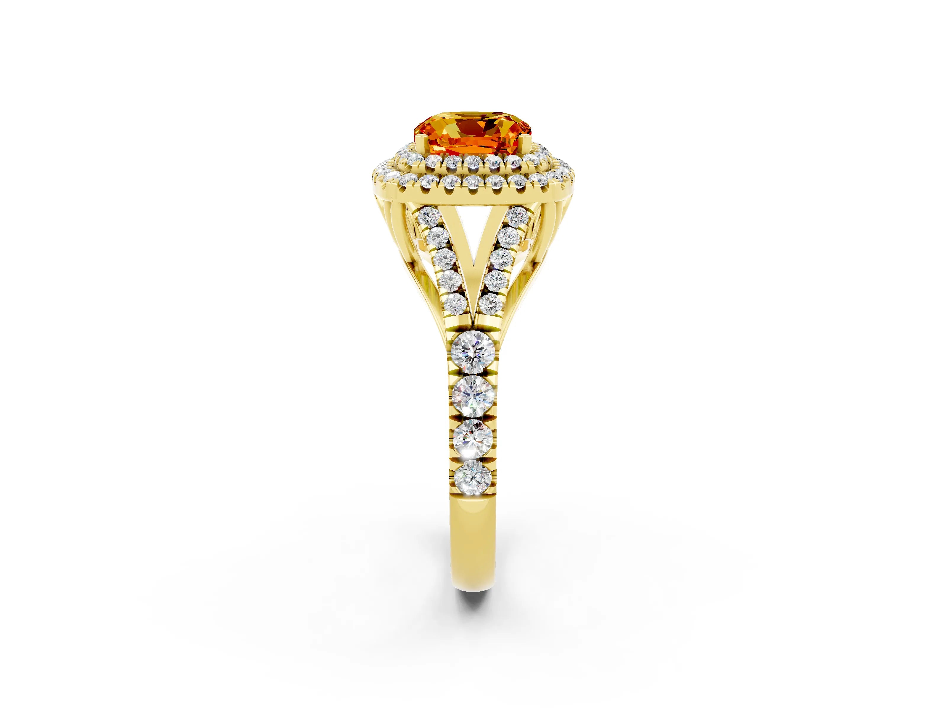 Yellow gold Double Halo Cushion Cut Citrine Split Shank Engagement Ring with Four-Prong Setting_2