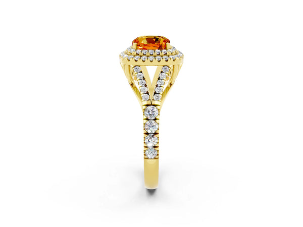 Yellow gold Double Halo Cushion Cut Citrine Split Shank Engagement Ring with Four-Prong Setting