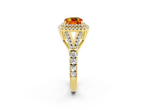 Yellow gold Double Halo Cushion Cut Citrine Split Shank Engagement Ring with Four-Prong Setting_2