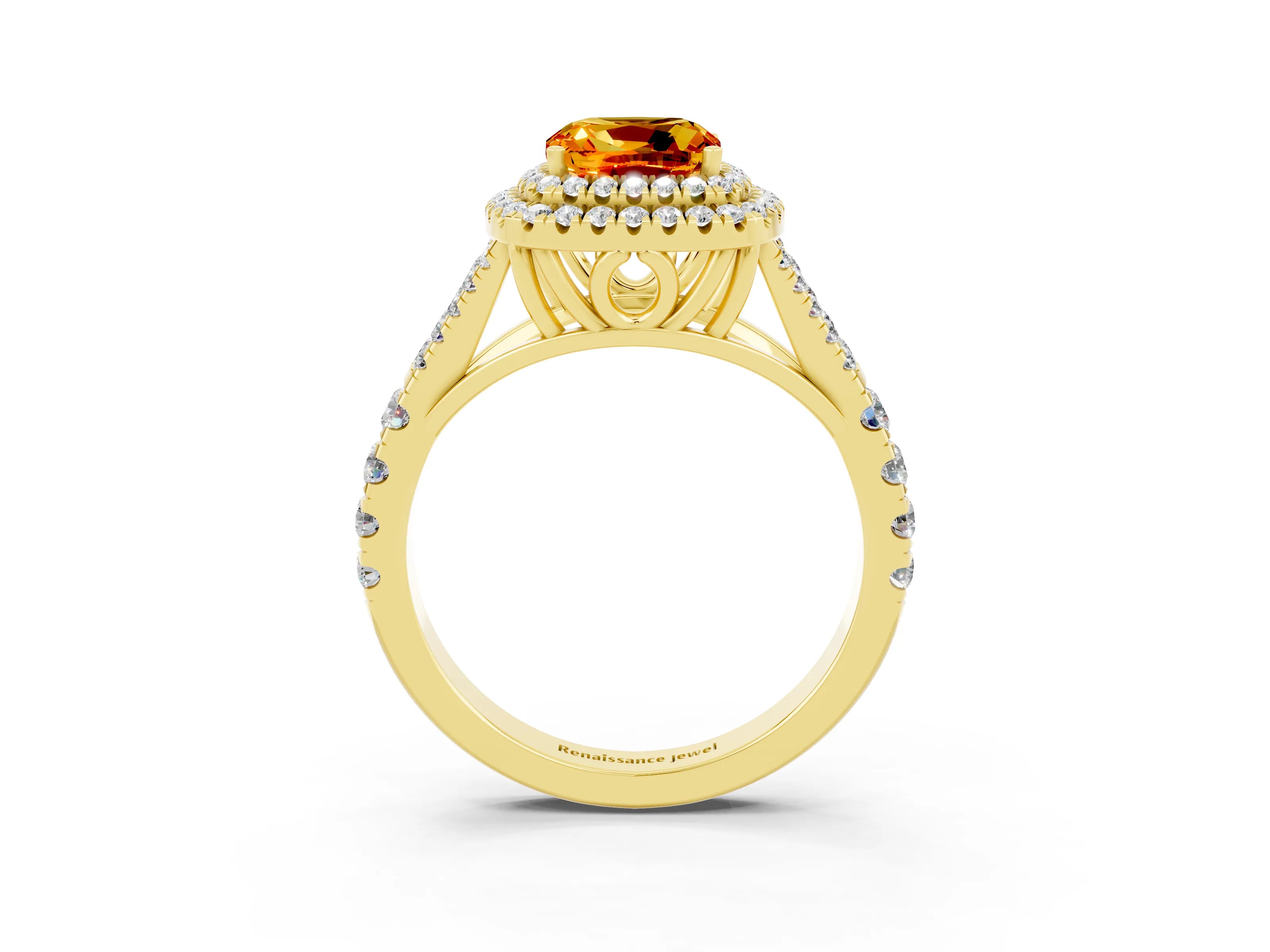 Yellow gold Double Halo Cushion Cut Citrine Split Shank Engagement Ring with Four-Prong Setting_3