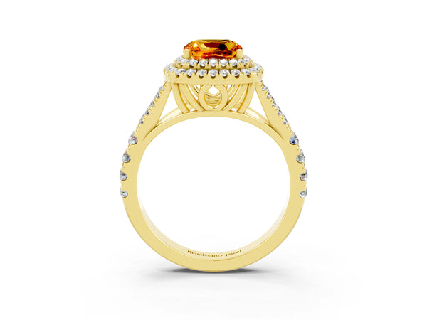 Yellow gold Double Halo Cushion Cut Citrine Split Shank Engagement Ring with Four-Prong Setting