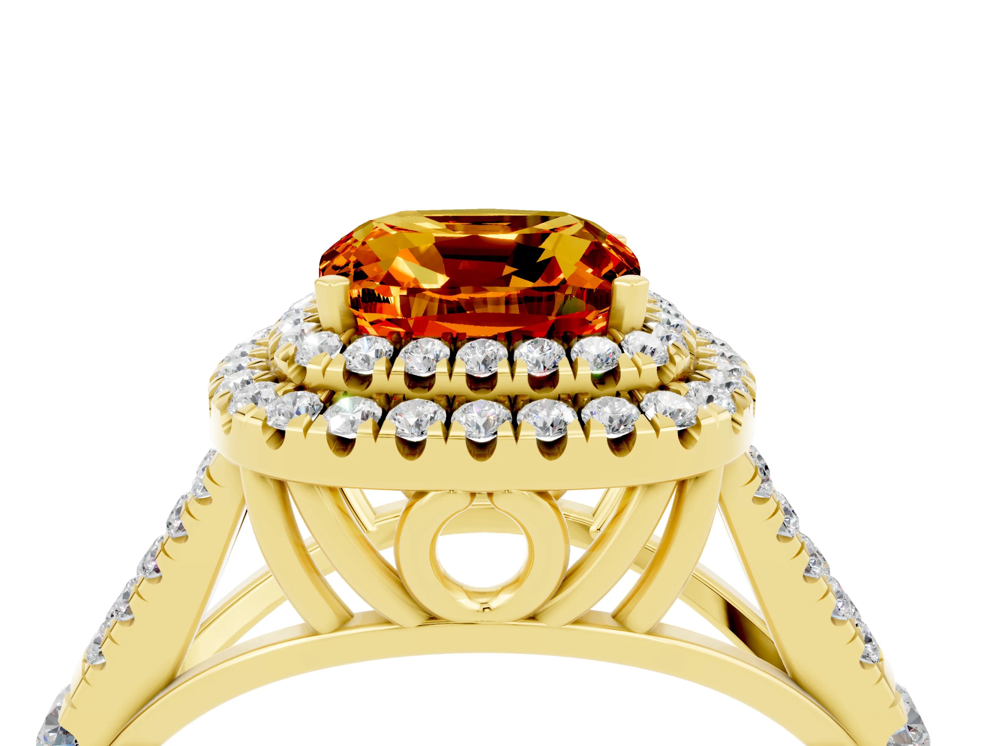 Yellow gold Double Halo Cushion Cut Citrine Split Shank Engagement Ring with Four-Prong Setting_4