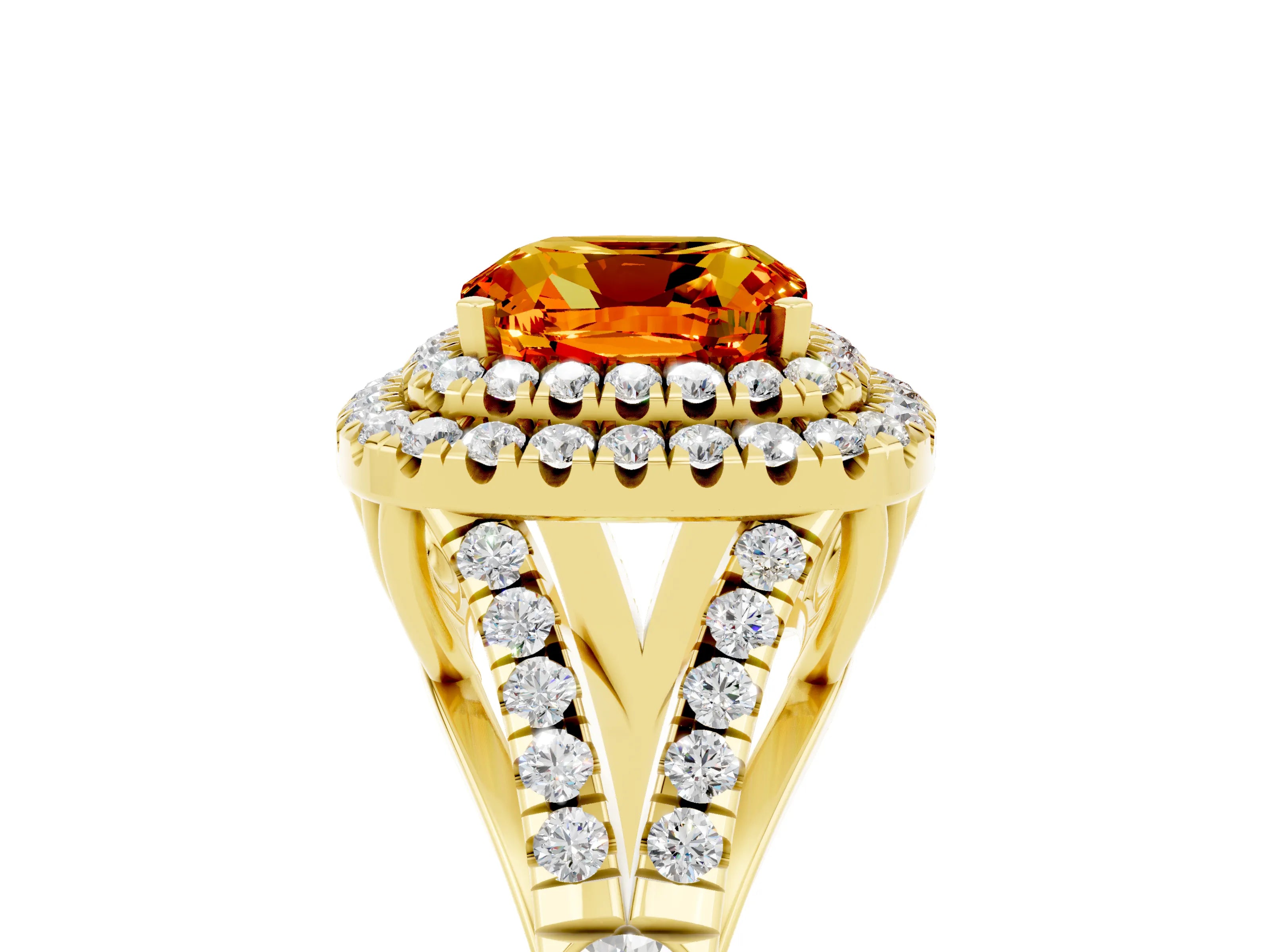 Yellow gold Double Halo Cushion Cut Citrine Split Shank Engagement Ring with Four-Prong Setting_5
