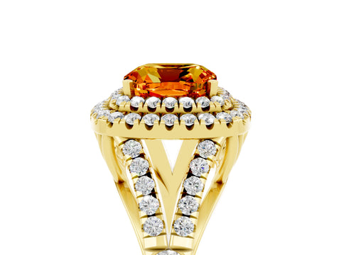 Yellow gold Double Halo Cushion Cut Citrine Split Shank Engagement Ring with Four-Prong Setting_5