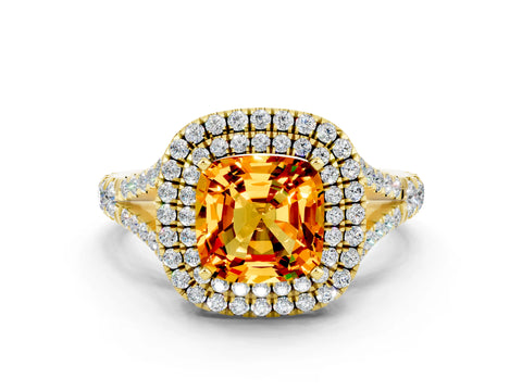 Yellow gold Double Halo Cushion Cut Citrine Split Shank Engagement Ring with Four-Prong Setting