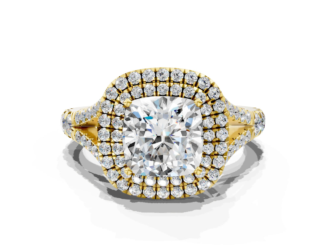 Yellow gold Double Halo Cushion Cut Diamond Split Shank Engagement Ring with Four-Prong Setting_7