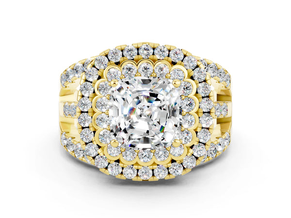 Yellow gold Cushion Cut Moissanite Double Halo Ring with Round Pavé Split Shank and Prong Setting