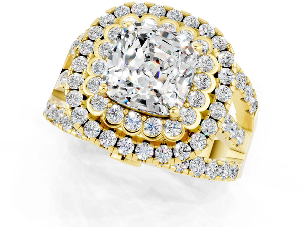 Yellow gold Cushion Cut Moissanite Double Halo Ring with Round Pavé Split Shank and Prong Setting
