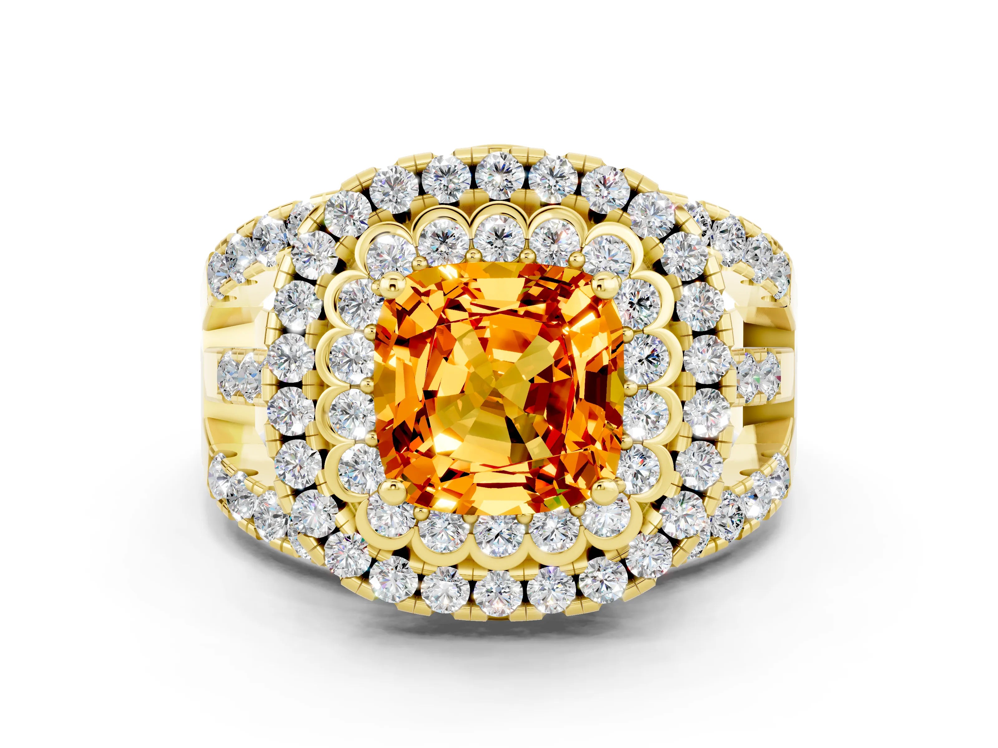 Yellow gold Double Halo Cushion Cut Diamond Split Shank Pave Set Ring