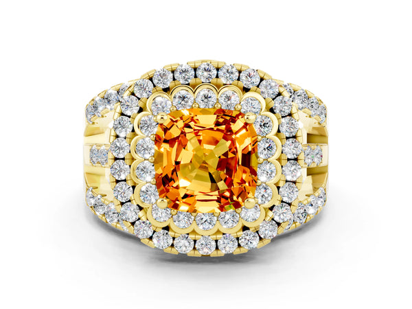 Yellow gold Cushion Cut Citrine Double Halo Ring with Round Pavé Split Shank and Prong Setting