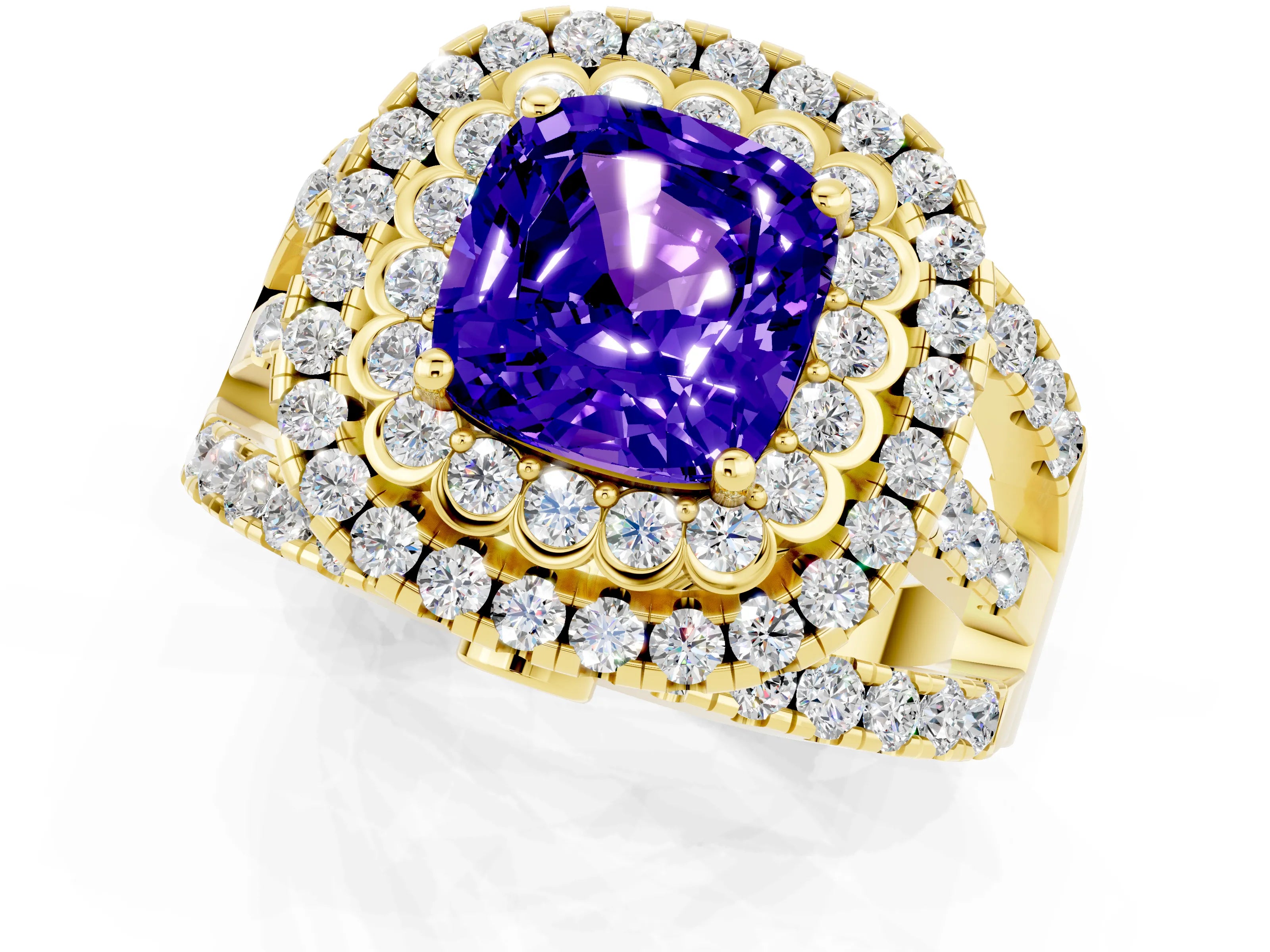 Yellow gold Double Halo Cushion Cut Diamond Split Shank Pave Set Ring_1