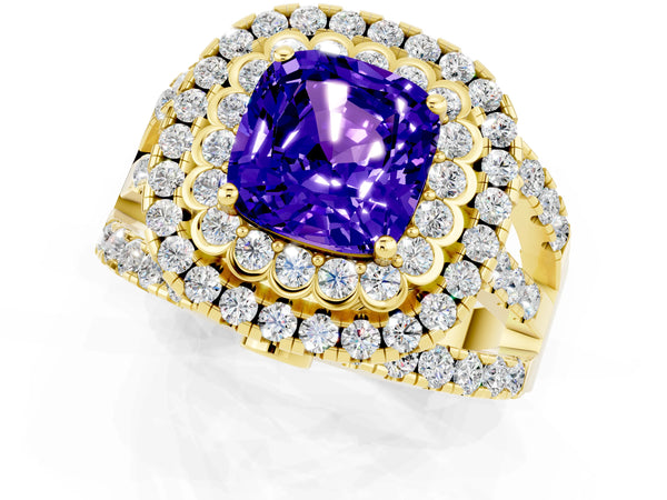 Yellow gold Cushion Cut Tanzanite Double Halo Ring with Round Pavé Split Shank and Prong Setting