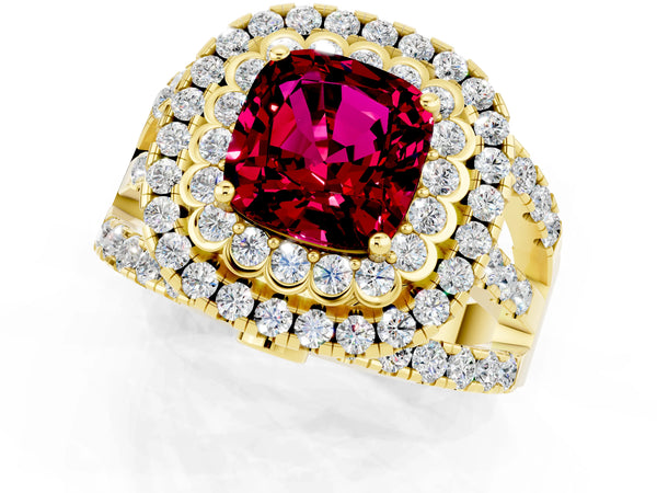 Yellow gold Cushion Cut Garnet Double Halo Ring with Round Pavé Split Shank and Prong Setting