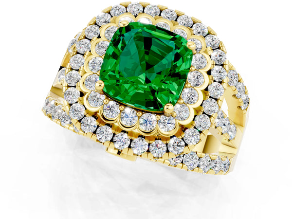 Yellow gold Cushion Cut Emerald Double Halo Ring with Round Pavé Split Shank and Prong Setting