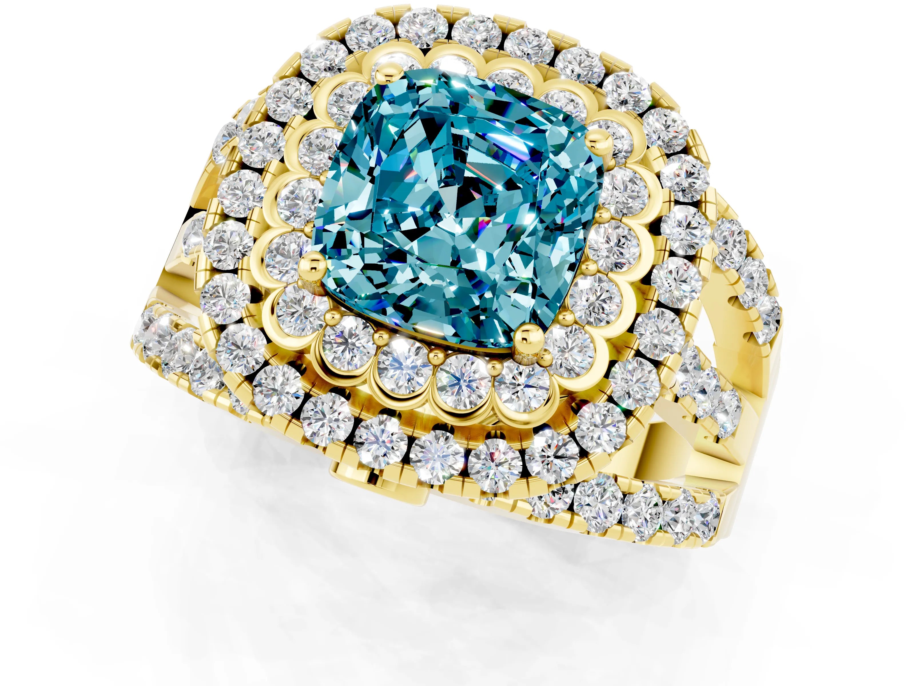 Yellow gold Double Halo Cushion Cut Diamond Split Shank Pave Set Ring_1